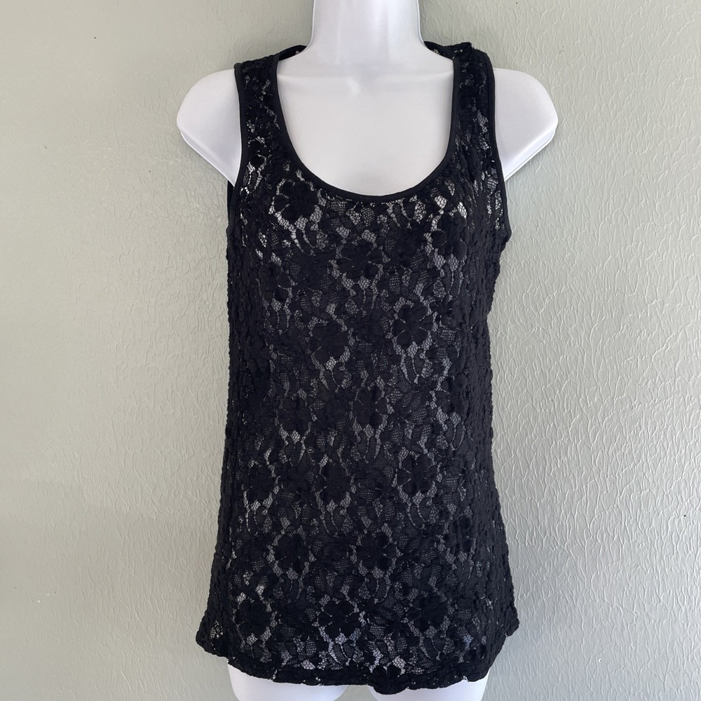Vintage Calvin Klein Black Lace Stretch Fitted Long Line Tank Top Sheer‎ Vamp M